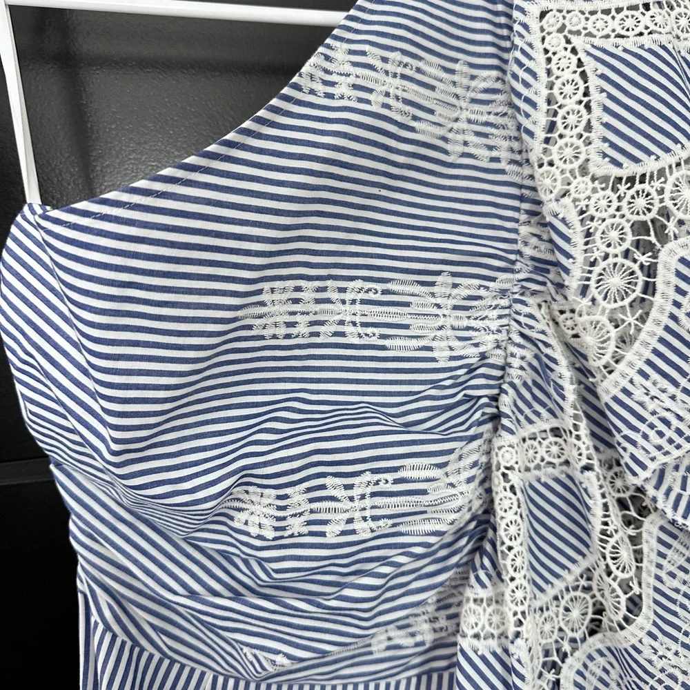 BCBGMAXAZRIA BCBG One Shoulder Embroidered Stripe Dress Blue Size 4 - Picture 7 of 9